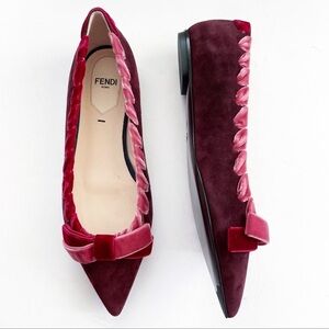FENDI Velvet-trimmed suede point toe flats 35.5 burgundy wine red ribbon laced